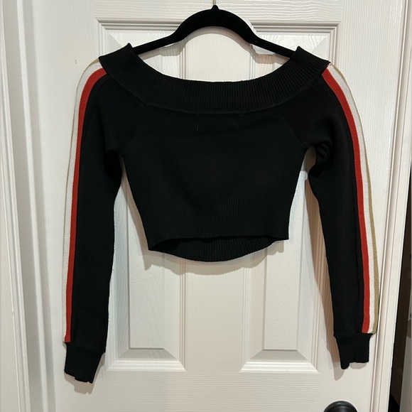 Everybody Talks Dark Blue Off-the-Shoulder Black Sweater with Red Stripes - Picture 3 of 3